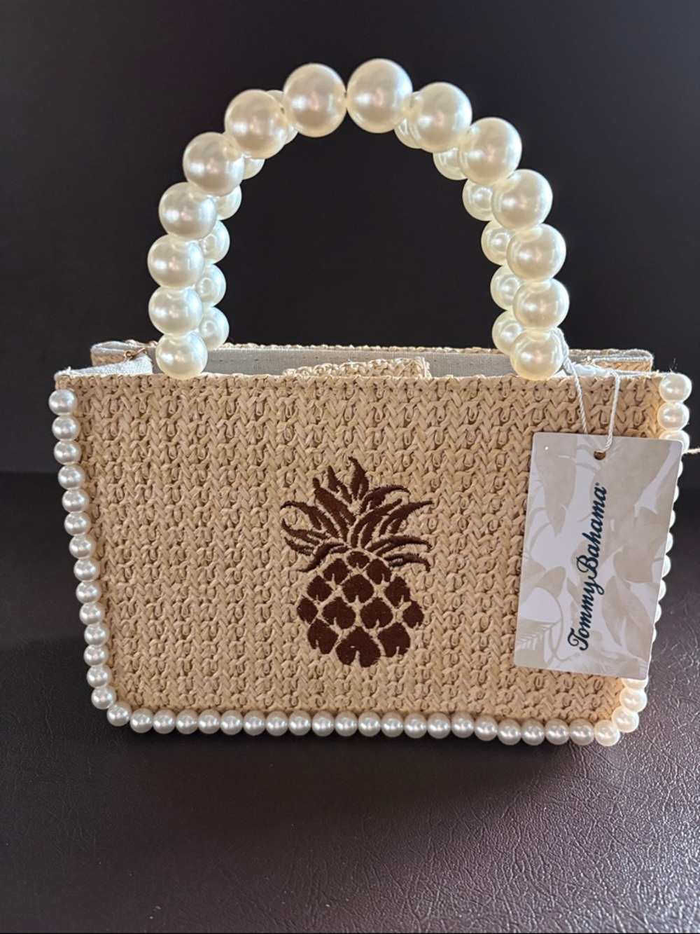 NWT Tommy Bahama Natural Straw Mini Tote w/Pearl Handle, gold chain